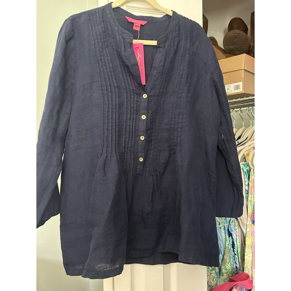 Lilly Pulitzer Sarasota Tunic Linen Top Resort Navy L Bohemian Cottagecore Prep